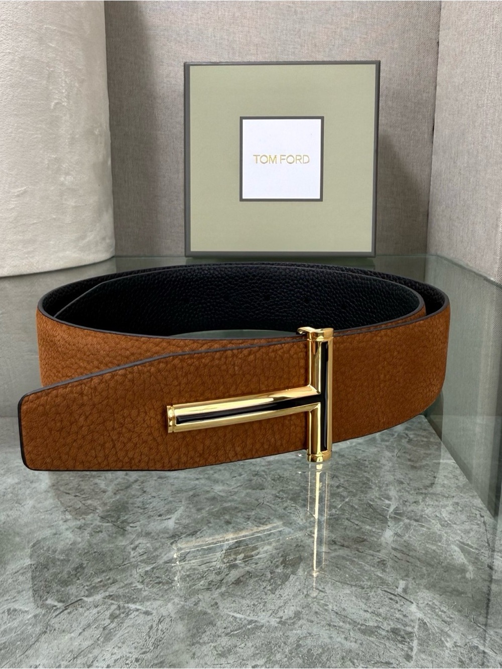 Tom Ford Reversible Brown and Black Leather Belt with Gold 'T' Buckle